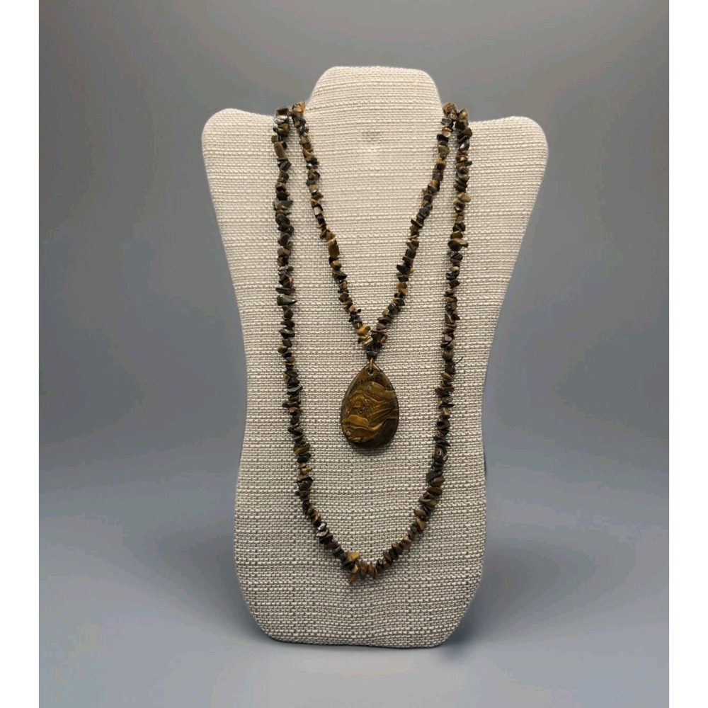 Tigers Eye Necklace Set Chip Beads & Polished Pendant Barrel Clasp on‎ Short